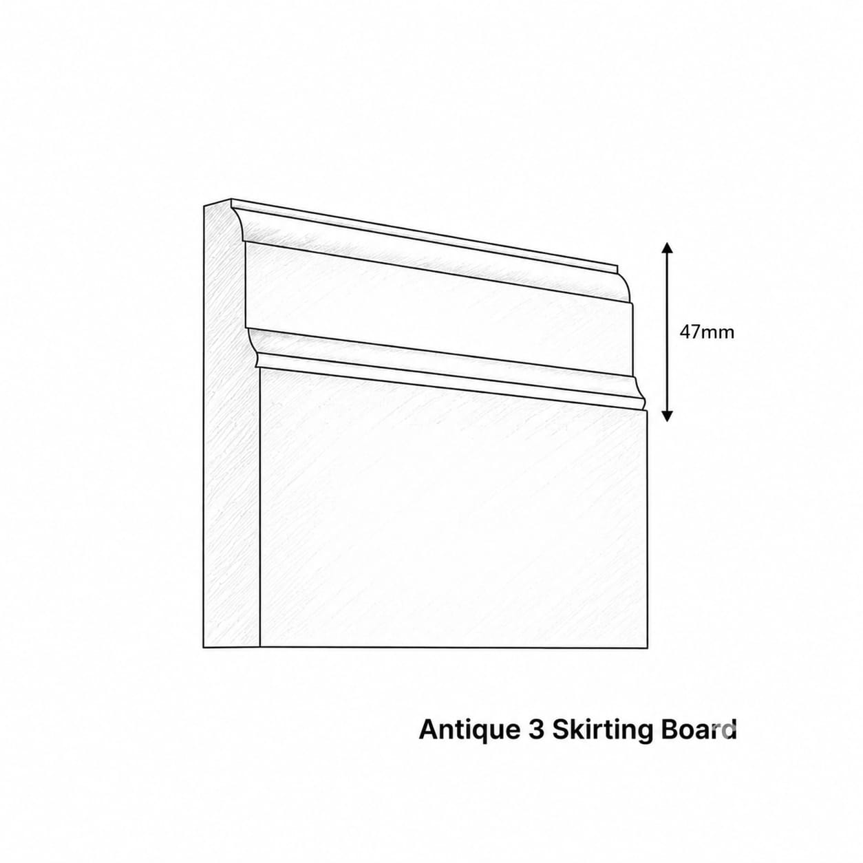 Technical drawing of an antique 3 skirting board with dimensions on a white background