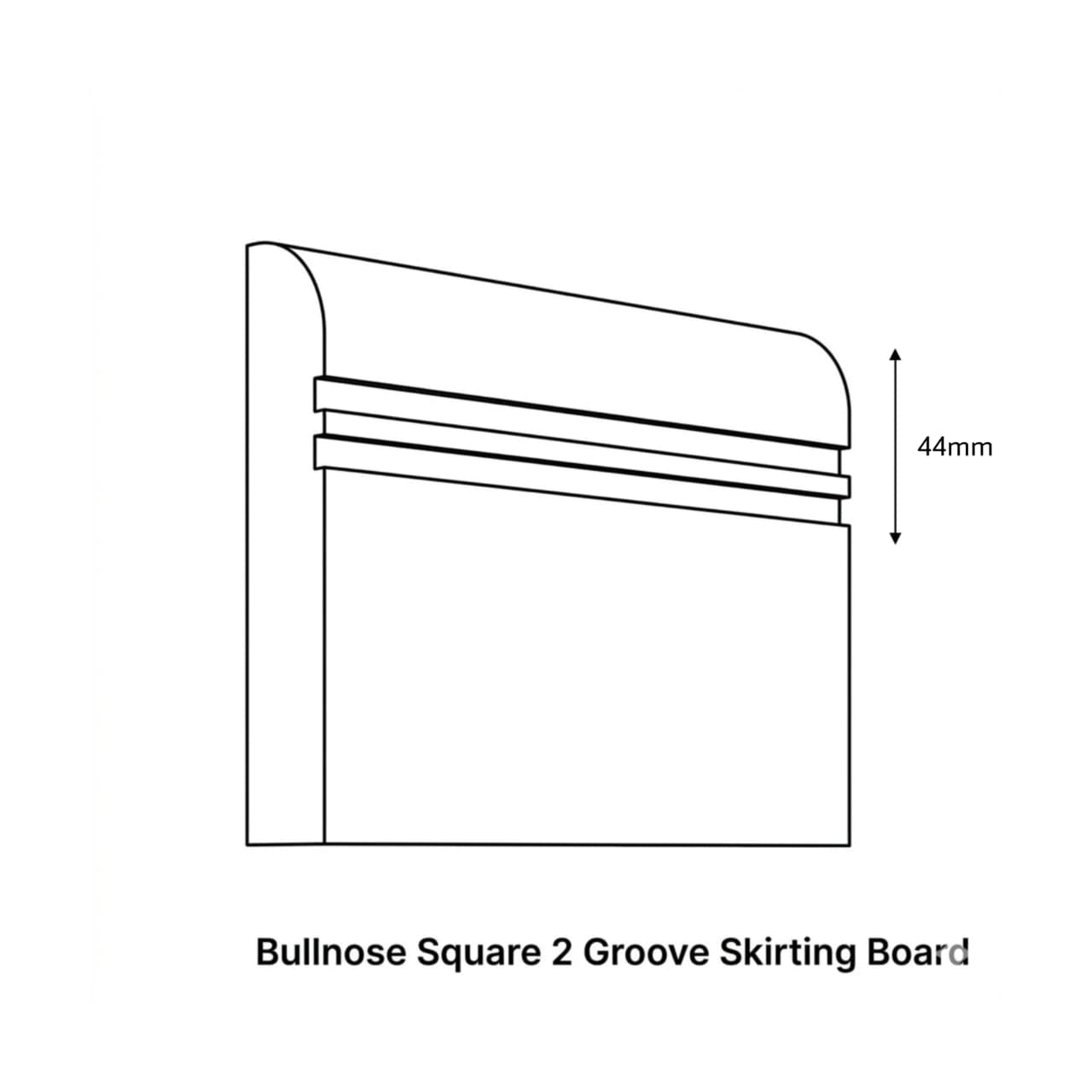 Technical drawing of a Bullnose Square 2 Groove Skirting Board with dimensions.
