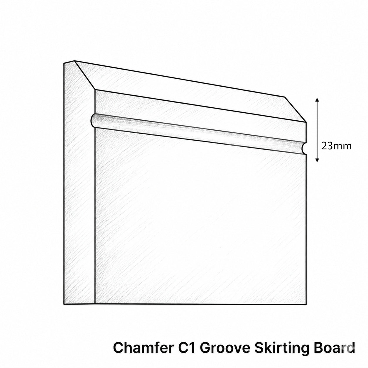 Technical drawing of a Chamfer C1 Groove Skirting Board with dimensions on a white background