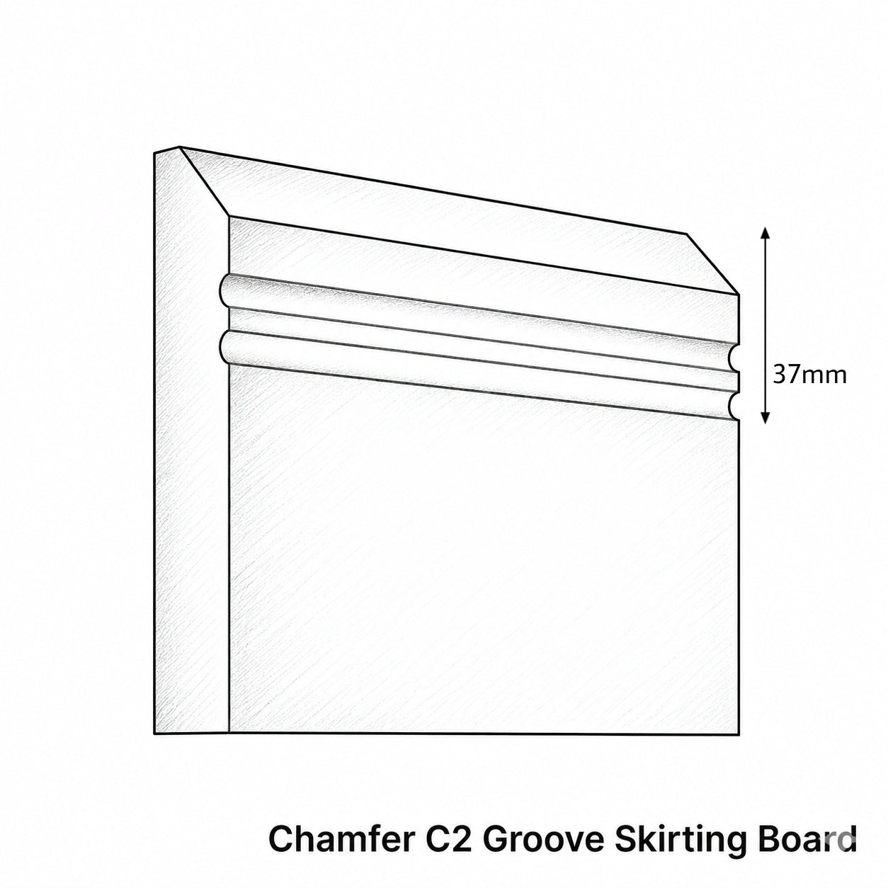 Technical drawing of a Chamfer C2 Groove Skirting Board with dimensions.