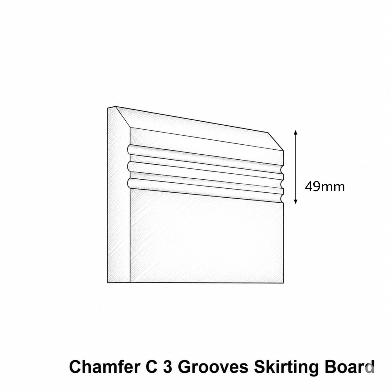 Technical drawing of a Chamfer C 3 Grooves Skirting Board with dimensions on a white background