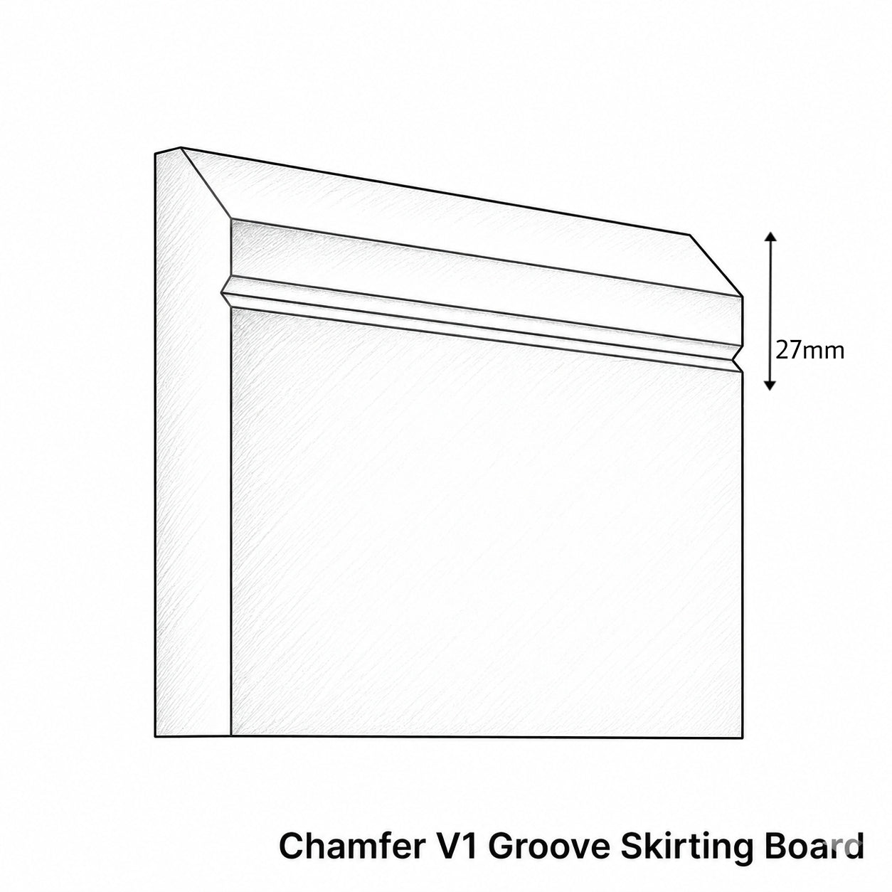Technical drawing of a Chamfer V1 Groove Skirting Board with dimensions on a white background
