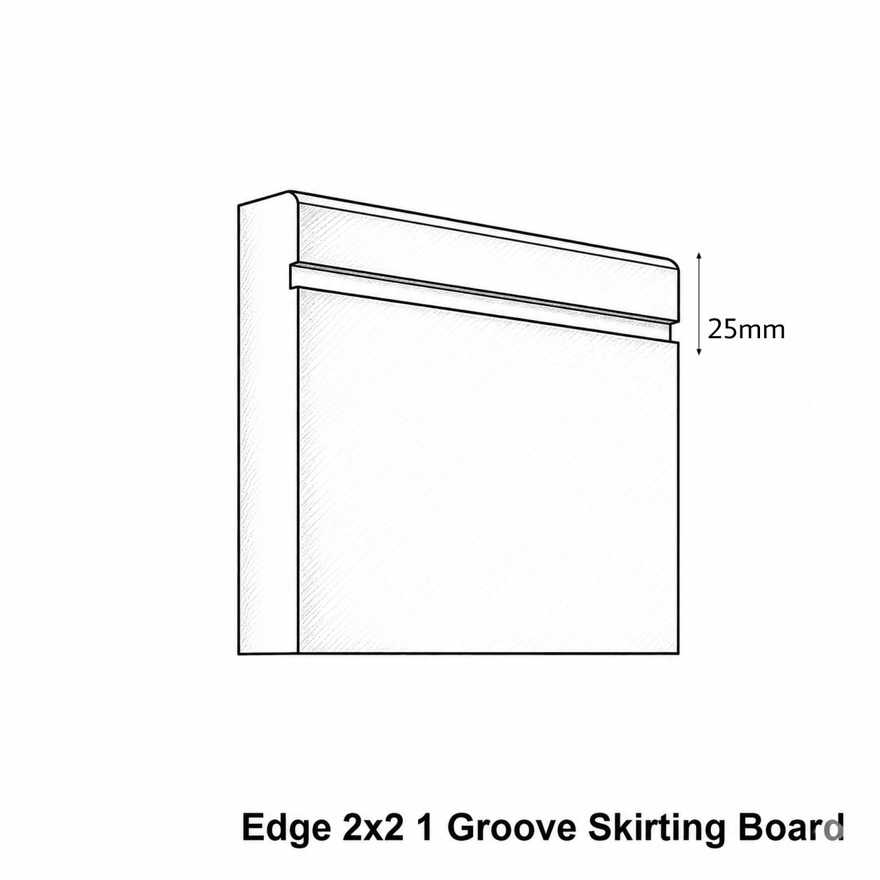 Line drawing of an Edge 2x2 1 Groove Skirting Board with dimensions on a white background.