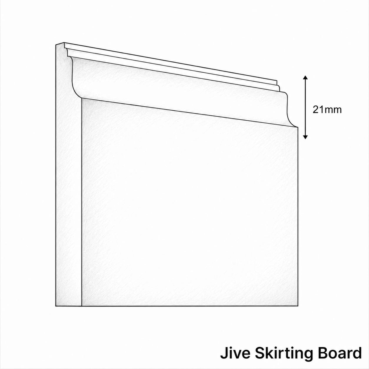 Technical drawing of a Jive Skirting Board with dimensions on a white background