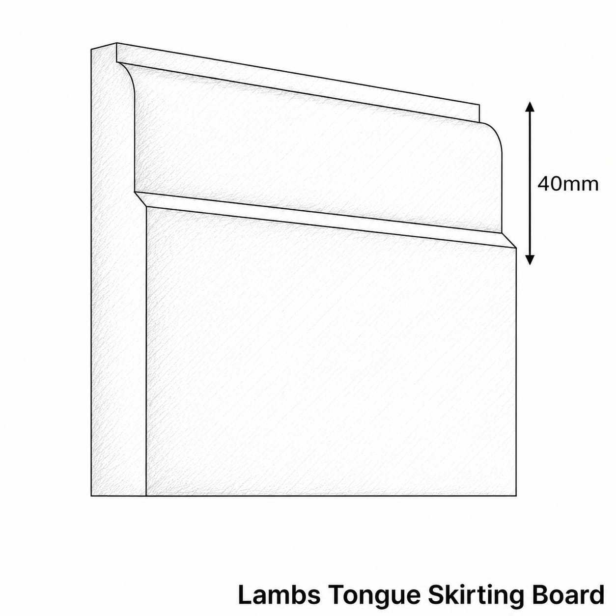 Technical drawing of a Lambs Tongue Skirting Board with dimensions indicated.