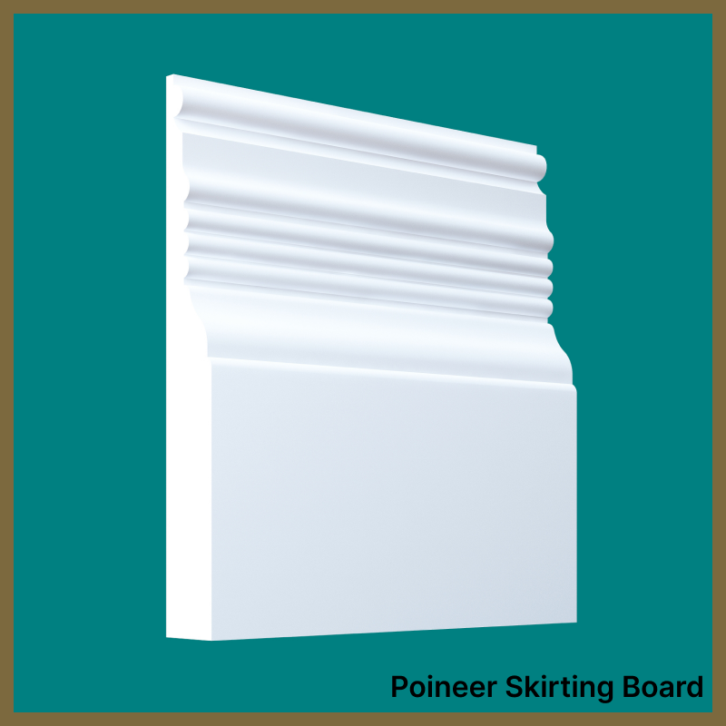 White skirting board on a teal background with 'Pioneer Skirting Board' text.