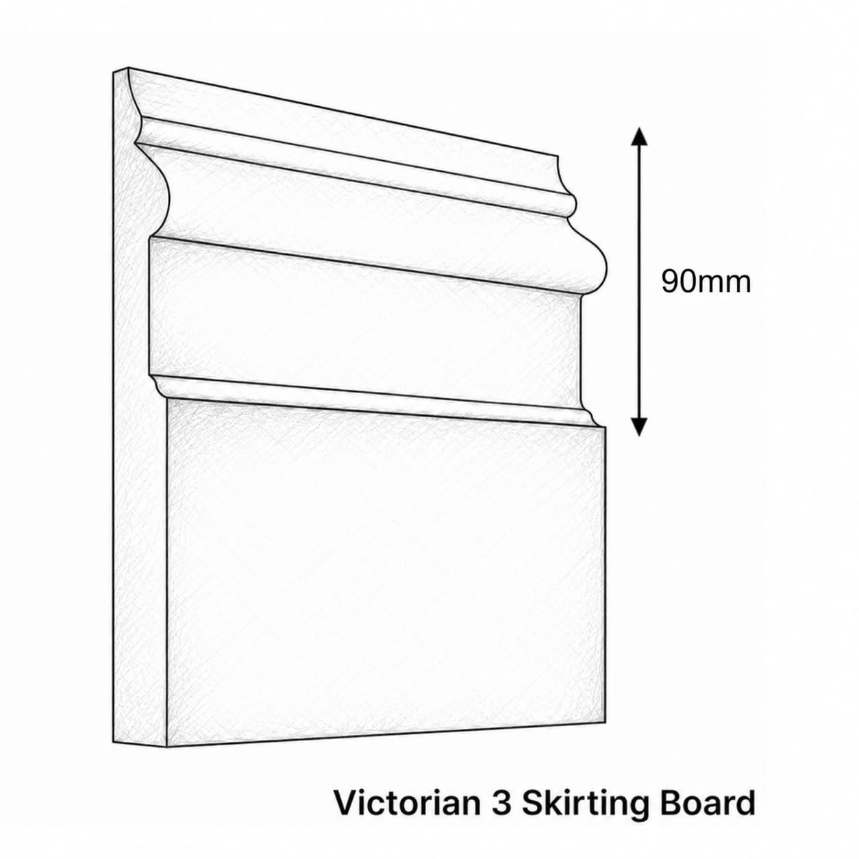 Technical drawing of a Large Victorian 3 Skirting Board with dimensions on a white background