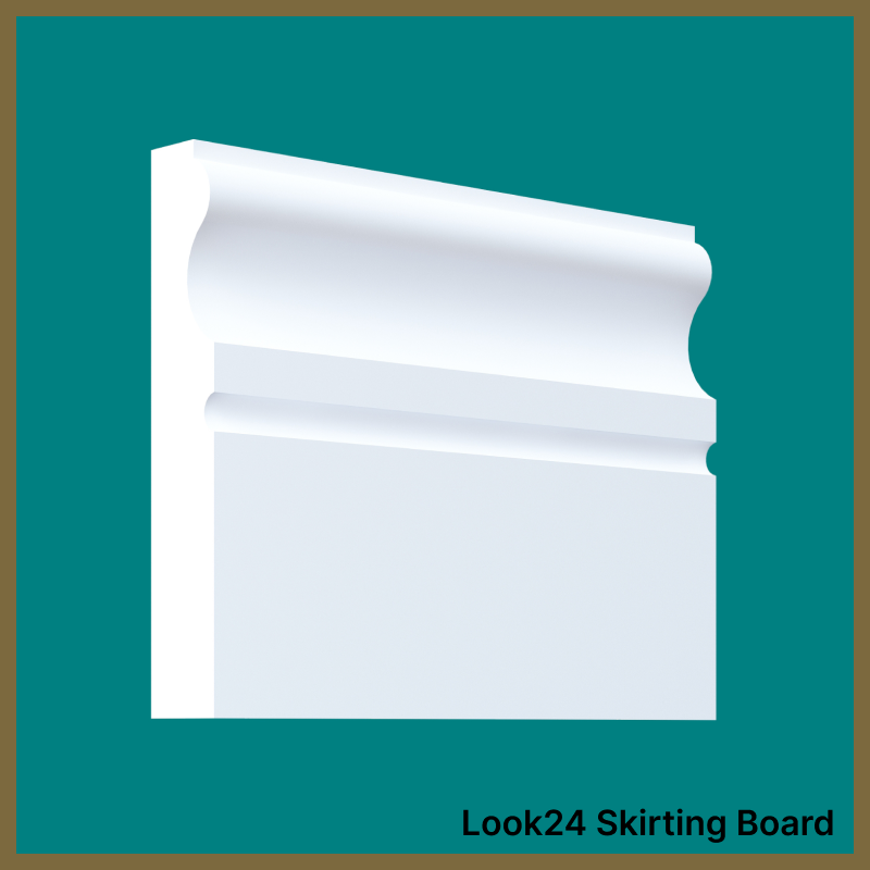 White skirting board on a teal background with 'Look24 Skirting Board' text.