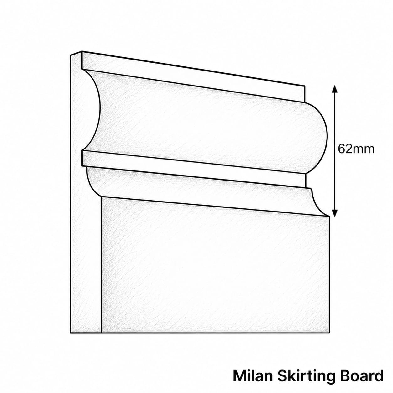 Technical line drawing of a Milan skirting board cross-section with a 62mm height measurement marker, on a white background.