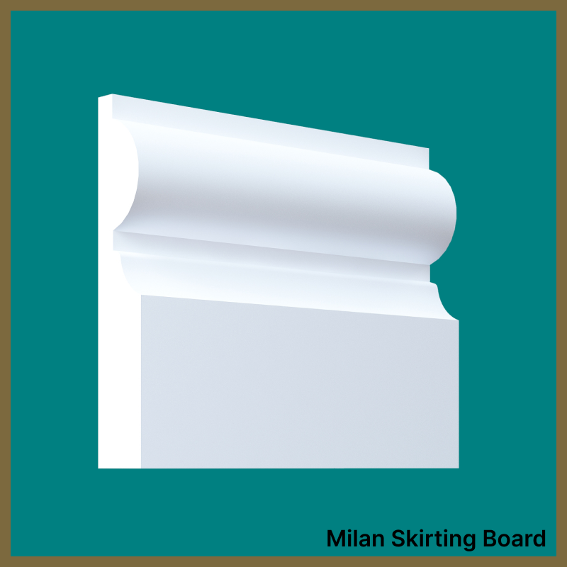 White skirting board on a teal background with 'Milan Skirting Board' text.