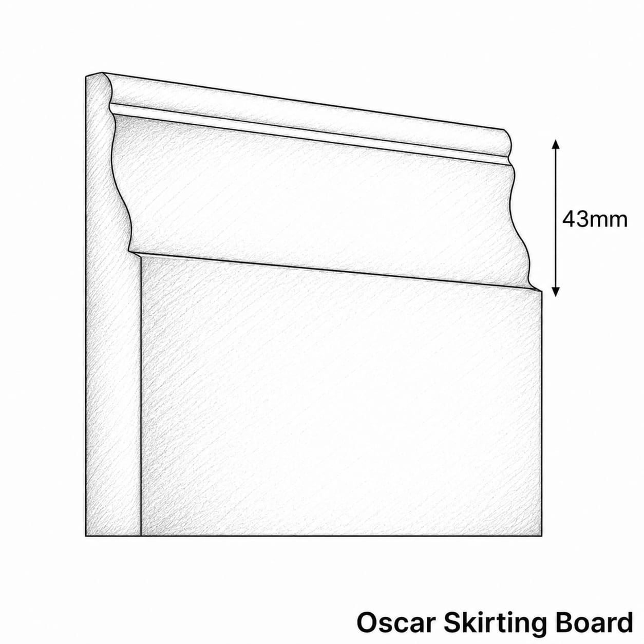 Technical line drawing of an Oscar Skirting Board profile with a 43mm height dimension marker, on a white background.