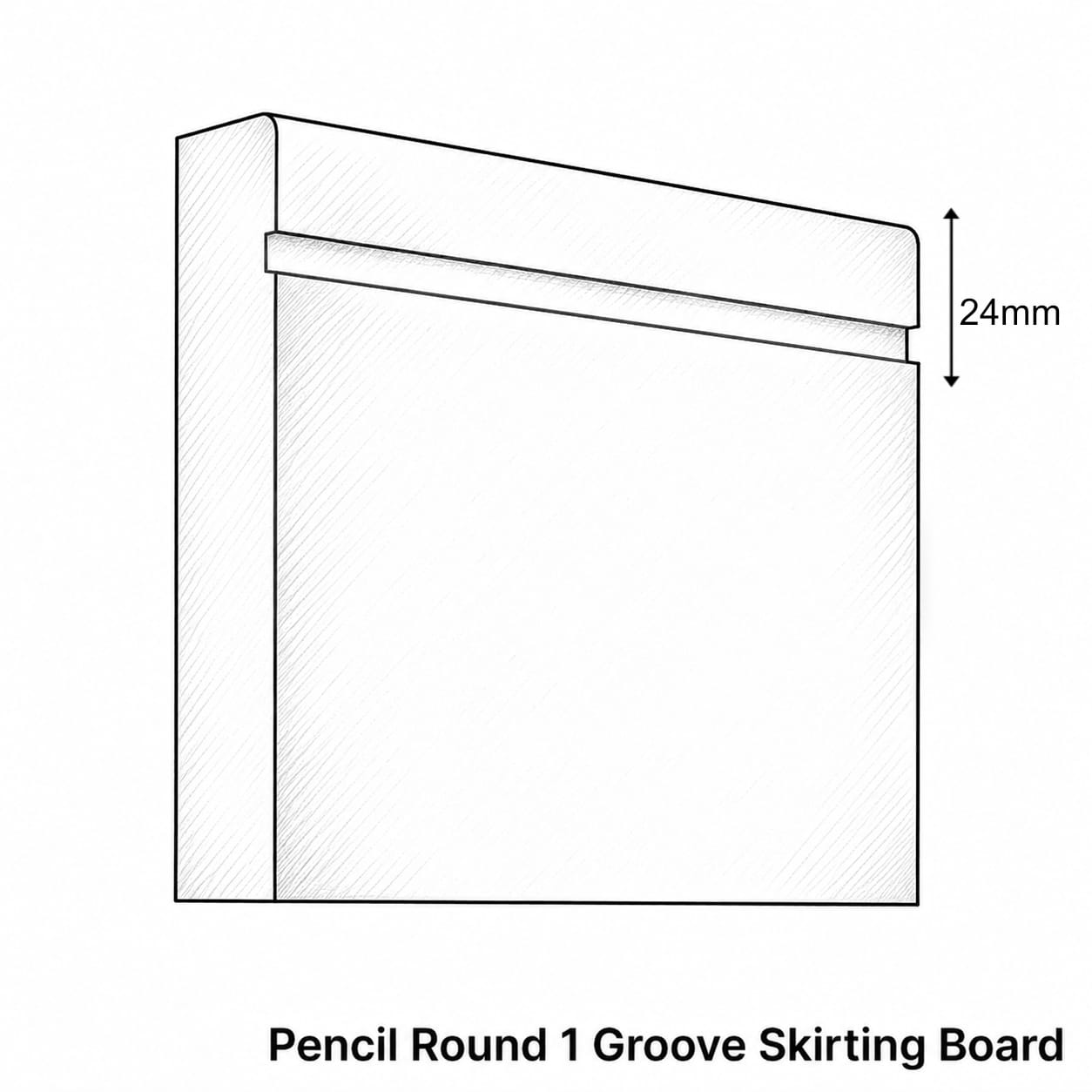 Black and white technical line drawing of a pencil round 1 groove skirting board, showing a 24mm height dimension marker and the text 'Pencil Round 1 Groove Skirting Board' below.