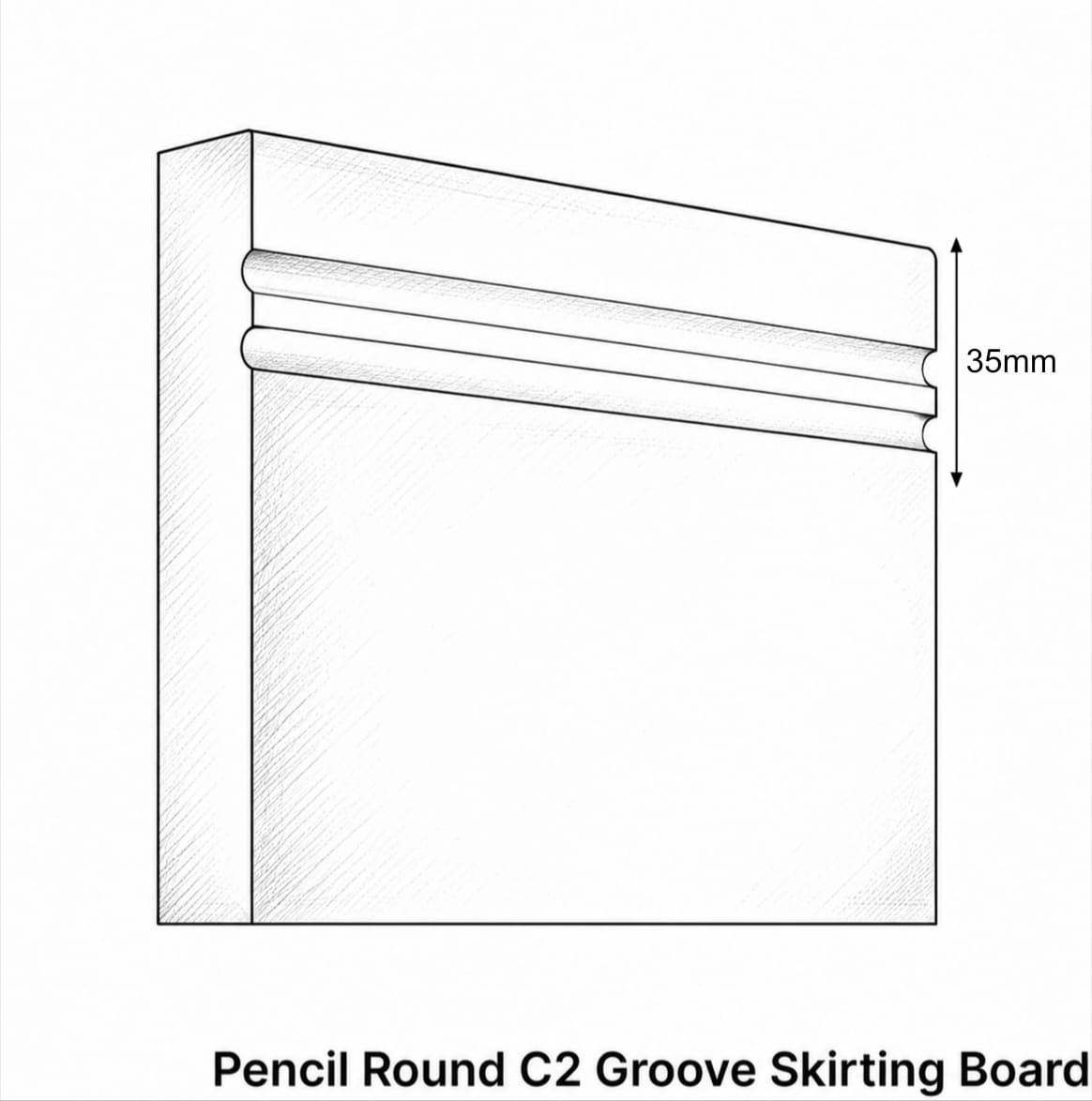 Technical line drawing of a pencil round C2 groove skirting board with a 35mm dimension marker, on a white background.