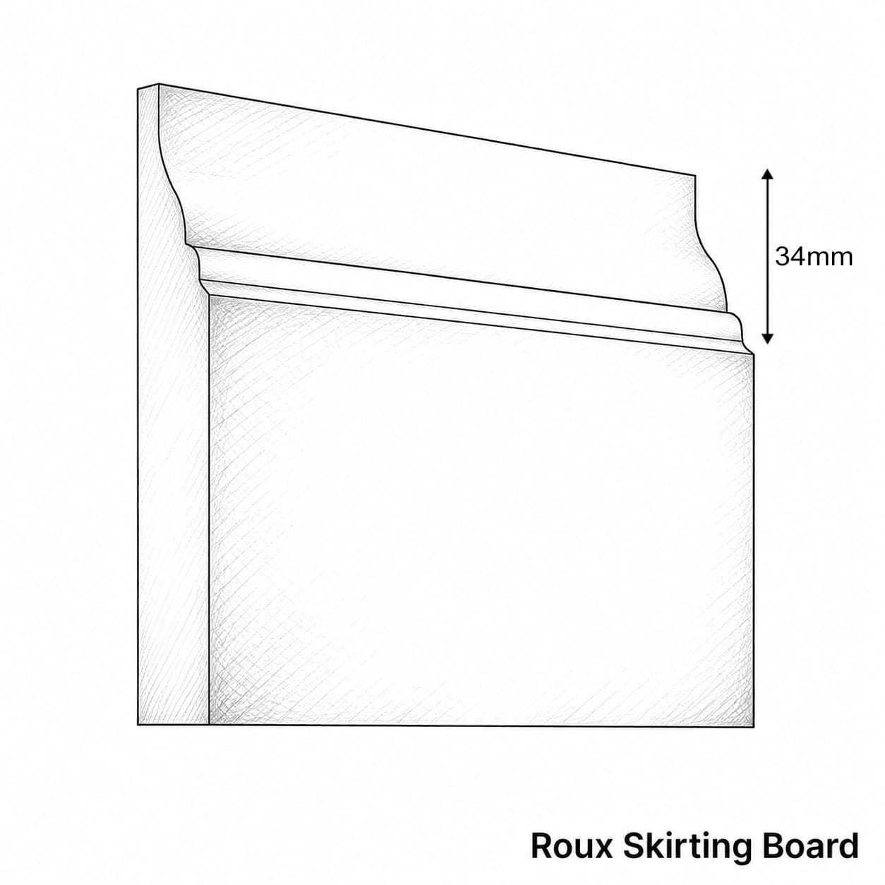Technical line drawing of a Roux skirting board profile with a 34mm height dimension marker, on a white background.