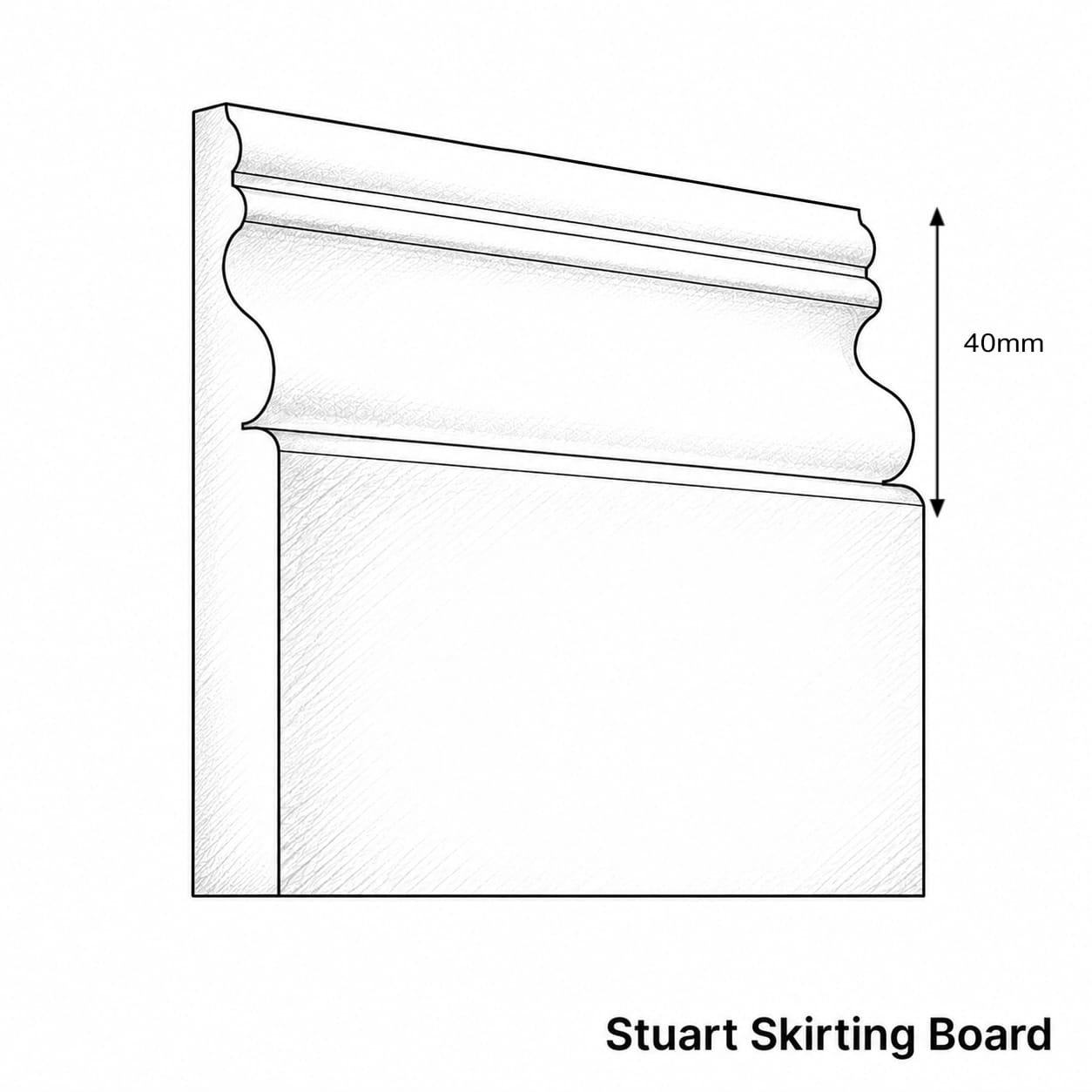 Black and white line drawing of a Stuart Skirting Board profile with a 40mm height dimension marker, labeled 'Stuart Skirting Board' at the bottom.