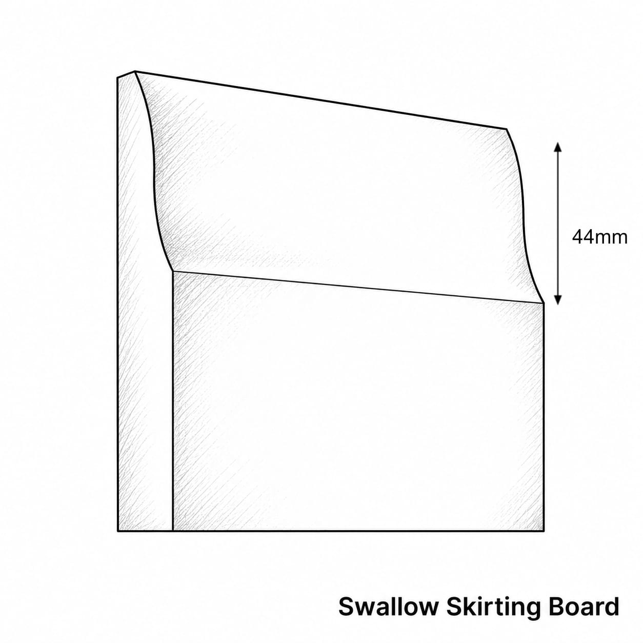 A black and white line drawing of a swallow skirting board profile with a 44mm height dimension marker, labeled 'Swallow Skirting Board' at the bottom.
