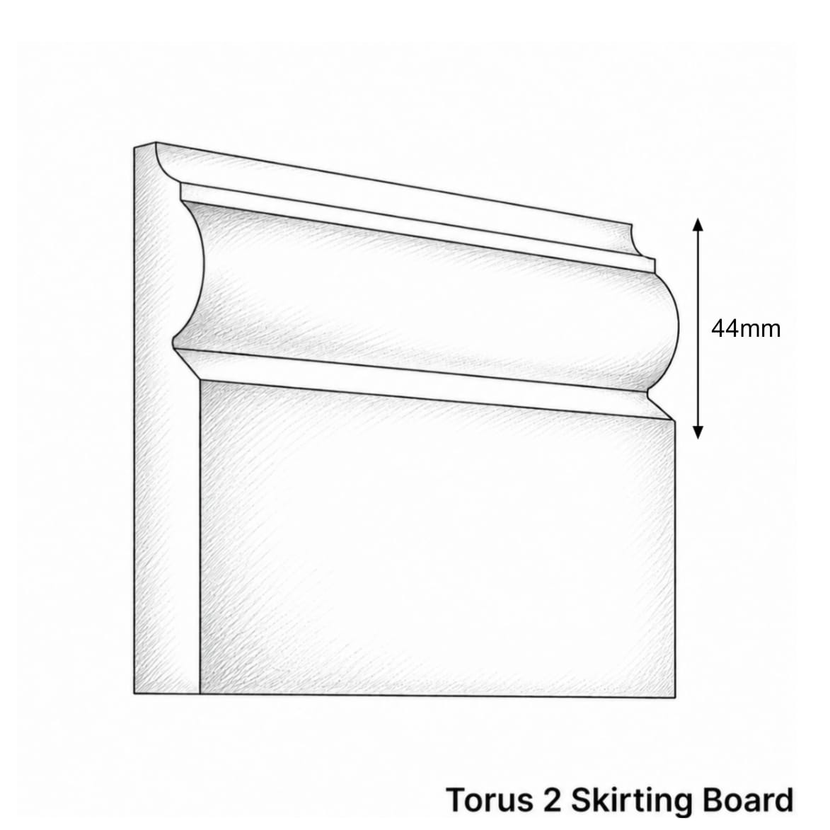 Black and white line drawing of a molding or skirting board profile labeled 'Torus 2 Skirting Board' with a 44mm height measurement indicated by an arrow.
