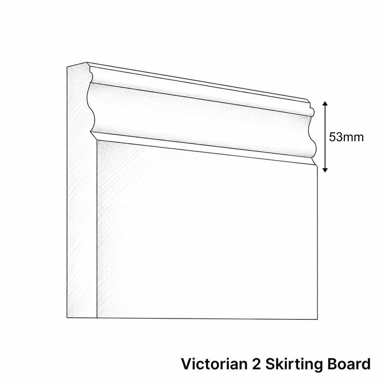 A black and white line drawing of a Victorian 2 Skirting Board profile with a dimension marker indicating 53mm height, and the text 'Victorian 2 Skirting Board' below.