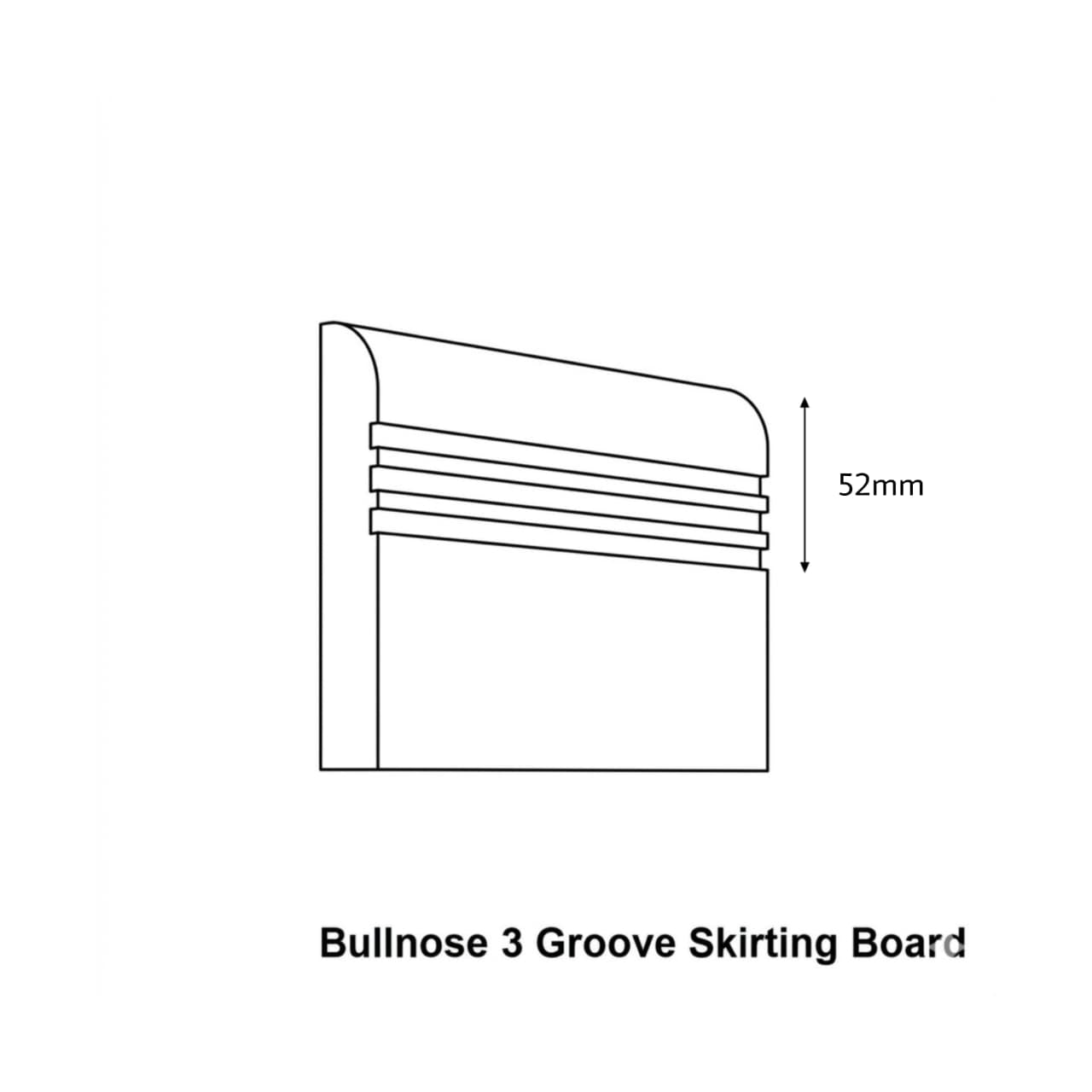 Technical drawing of a bullnose 3 groove skirting board with dimensions on a white background.