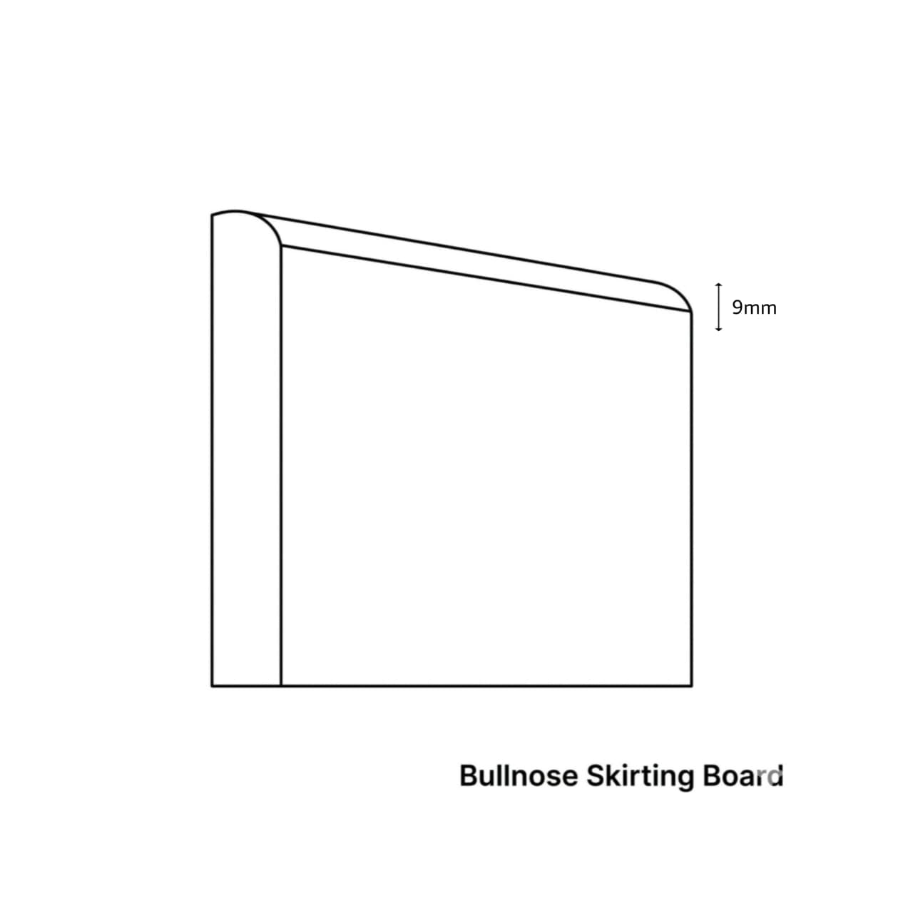 Line drawing of a bullnose skirting board with dimensions on a white background