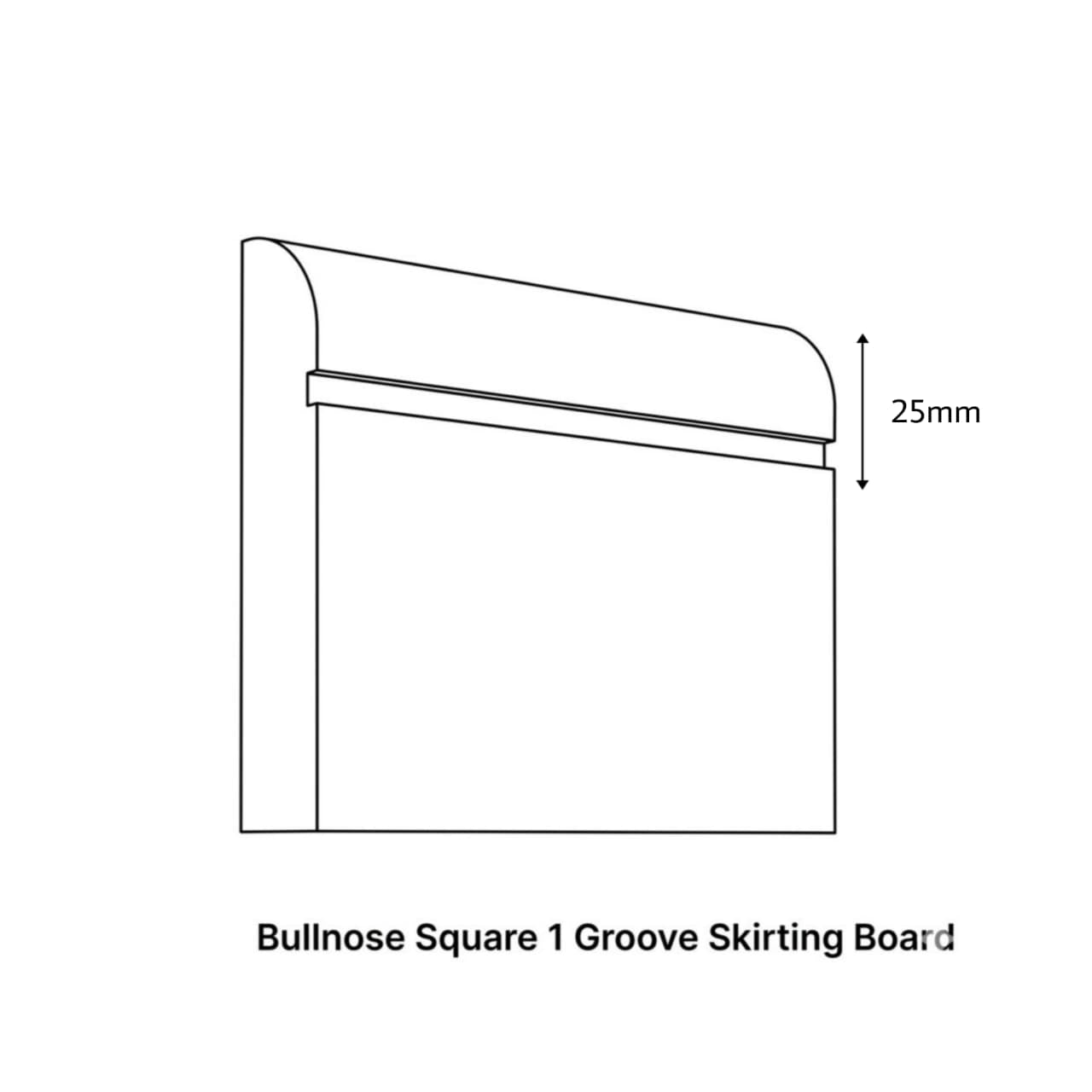 Line drawing of a bullnose square 1 groove skirting board with dimensions.
