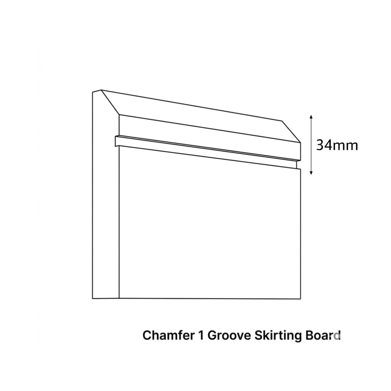 Line drawing of a chamfered 1 groove skirting board with dimensions on a white background