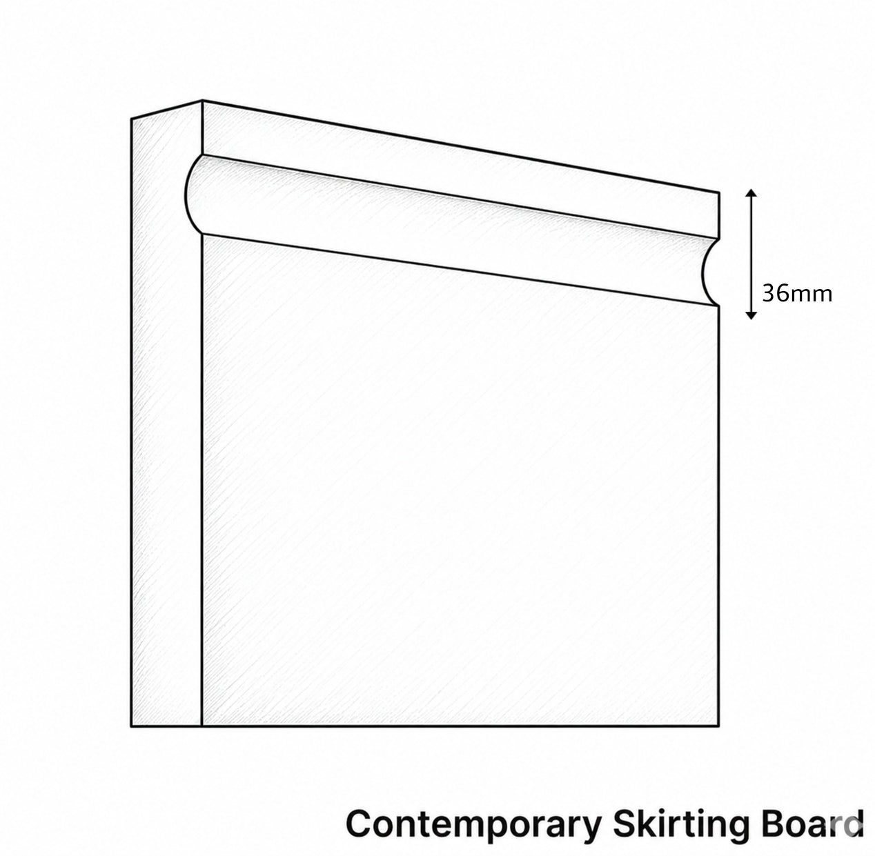 Line drawing of a contemporary skirting board with dimensions