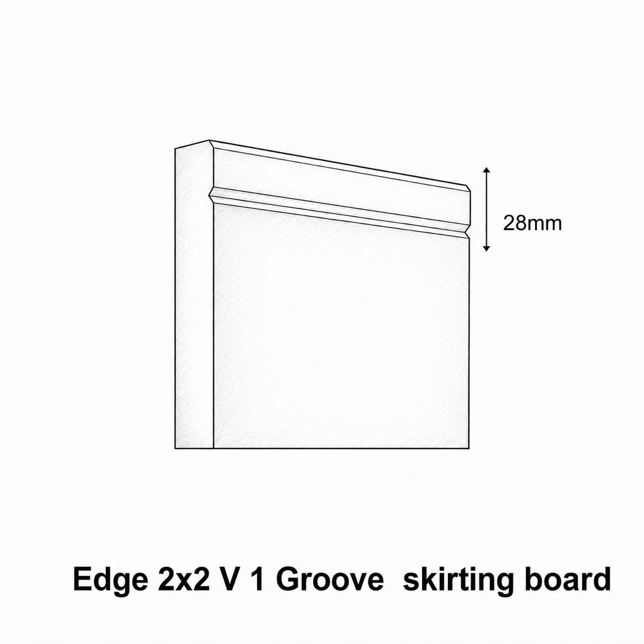 Technical drawing of an edge 2x2 V 1 Groove skirting board with dimensions.