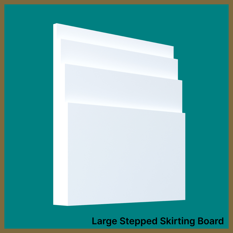 White large stepped skirting board on a teal background