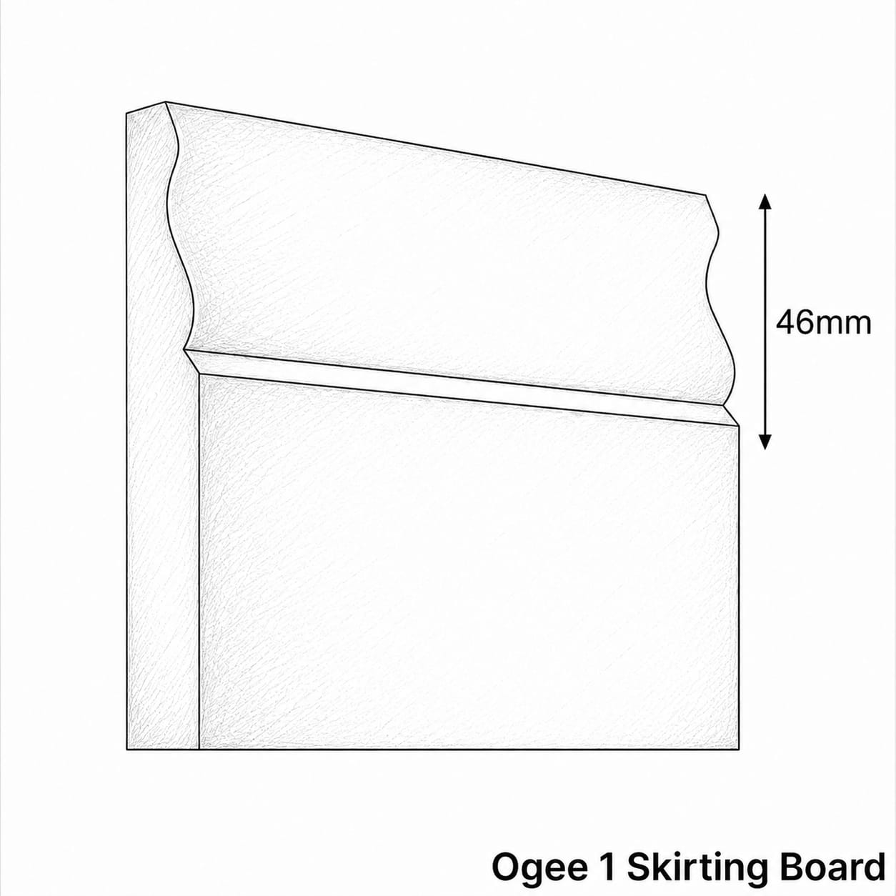 A black and white line drawing of an ogee 1 skirting board profile with a dimension label indicating 46mm height, plus the text 'Ogee 1 Skirting Board' at the bottom.