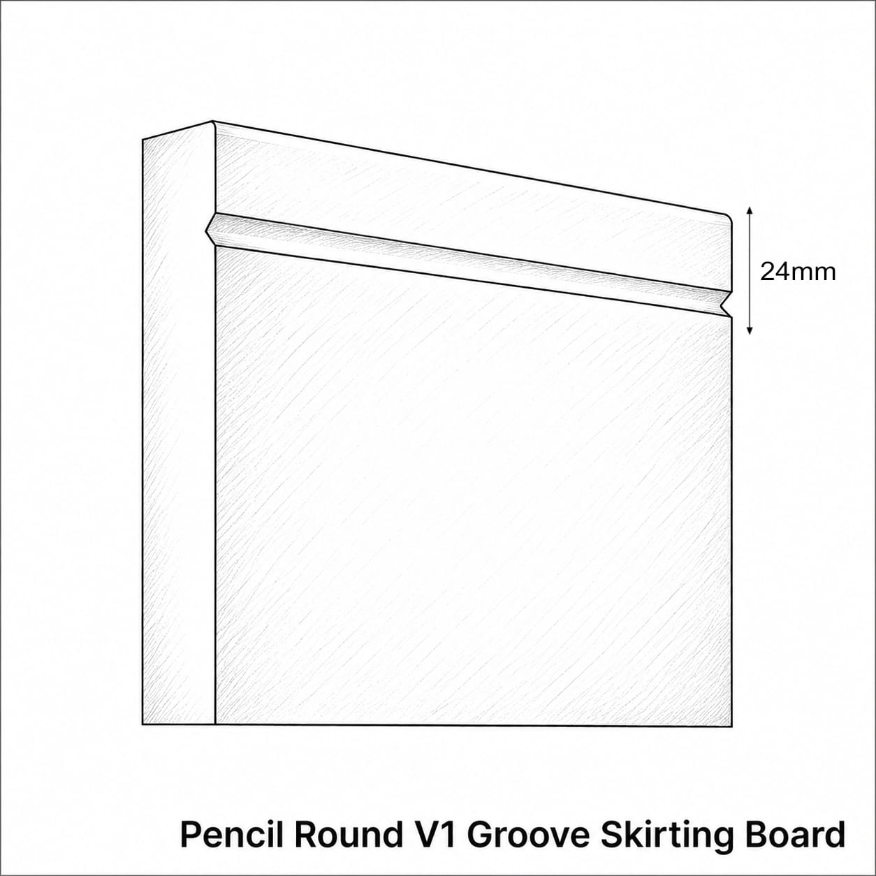 Technical line drawing of a pencil round V1 groove skirting board with a 24mm height dimension marker, on a white background with the text 'Pencil Round V1 Groove Skirting Board' below.