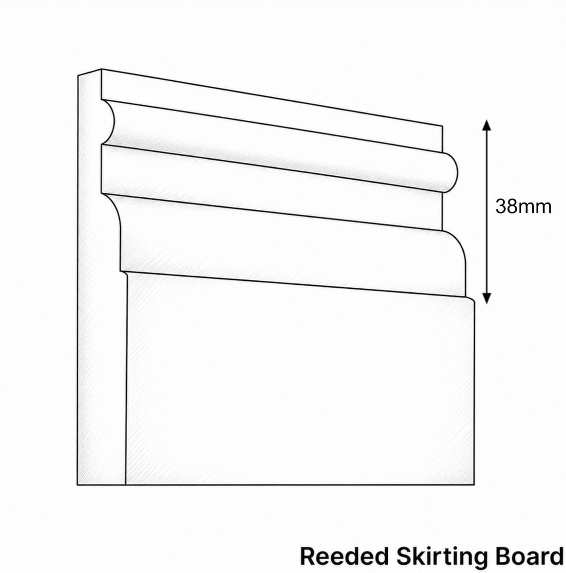 Technical line drawing of a reeded skirting board profile with a 38mm height dimension marker, on a white background.