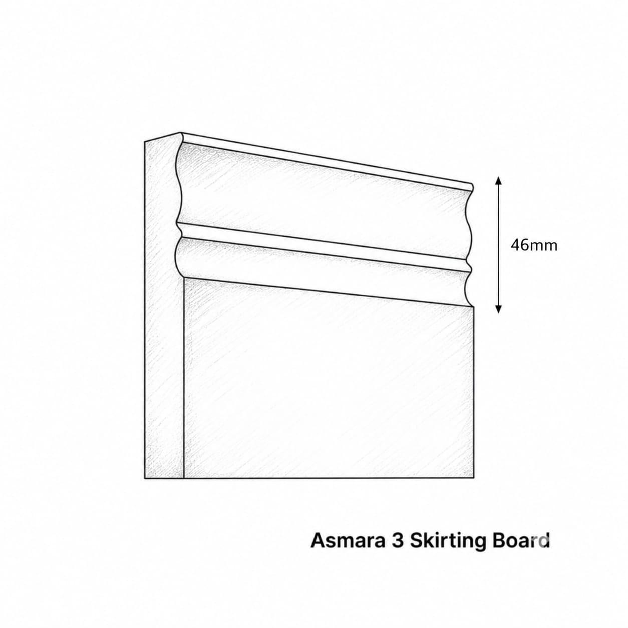 Technical drawing of Asmara 3 Skirting Board with dimensions on a white background