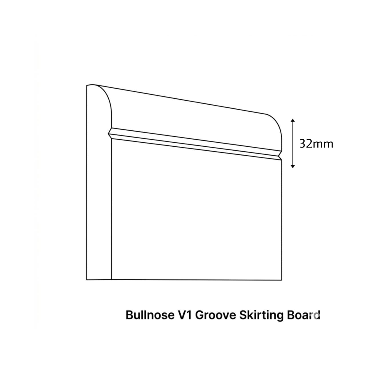 Technical drawing of a Bullnose V1 Groove Skirting Board with dimensions on a white background