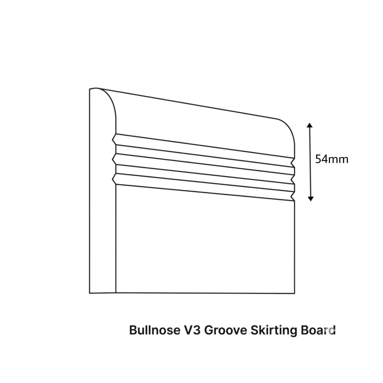 Technical drawing of a Bullnose V3 Groove Skirting Board with dimensions on a white background