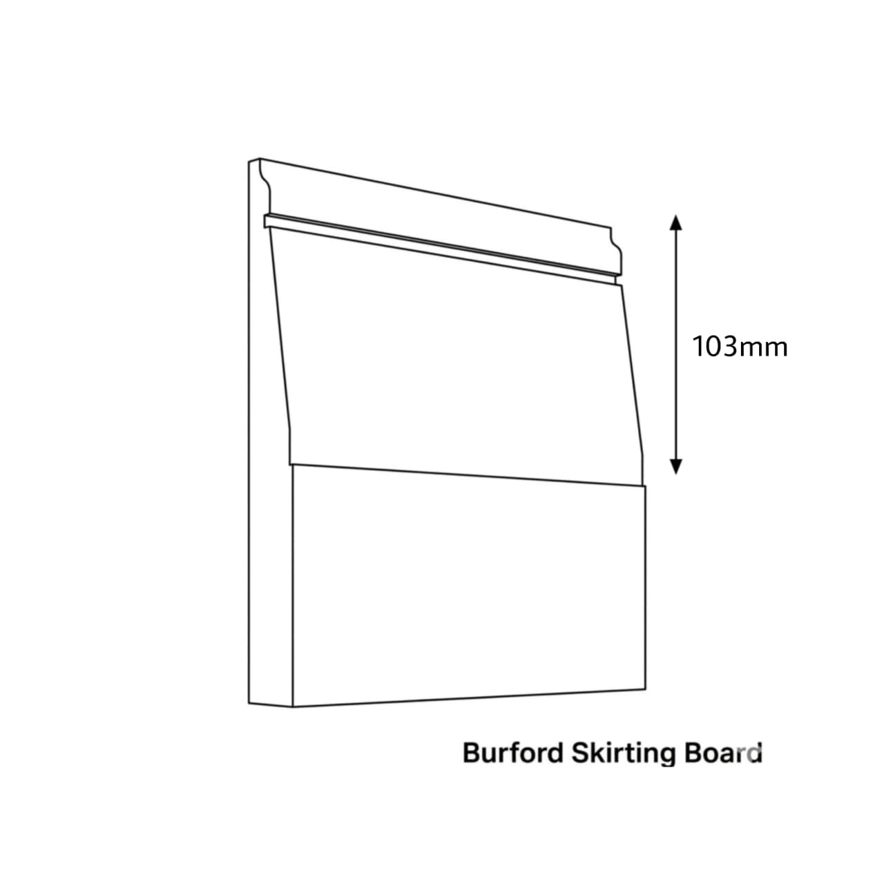 Technical drawing of a Burford Skirting Board with dimensions on a white background
