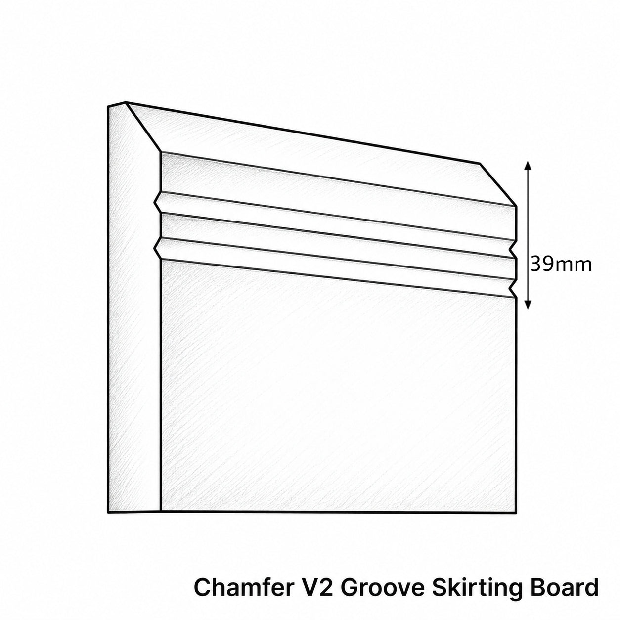 Technical drawing of a Chamfer V2 Groove Skirting Board with dimensions.