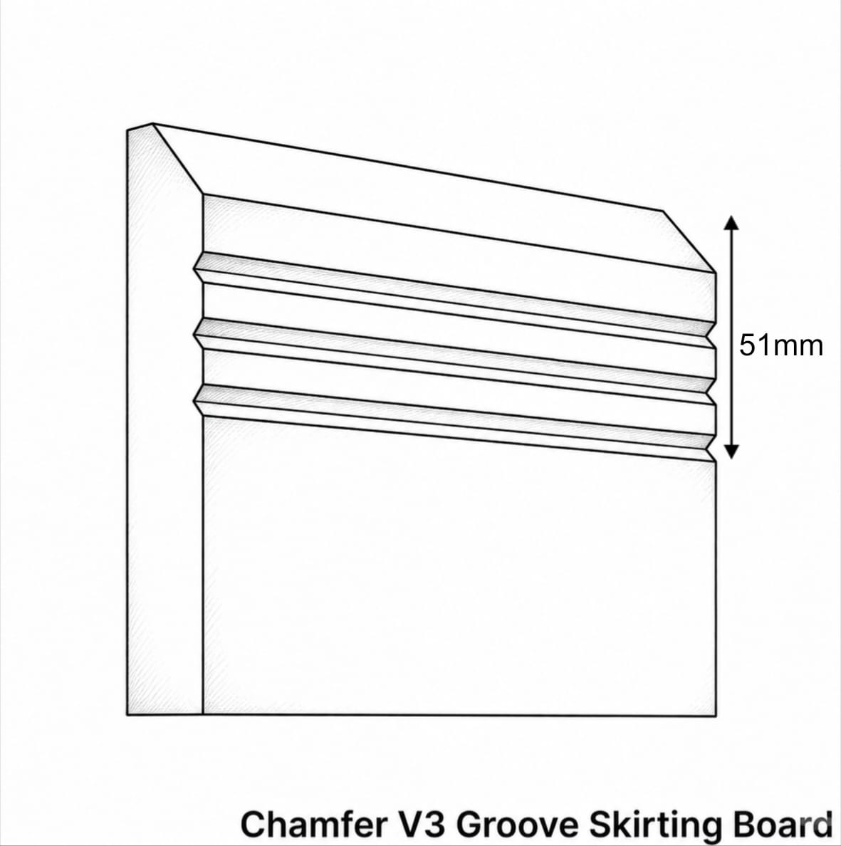 Technical drawing of a Chamfer V3 Groove Skirting Board with dimensions on a white background