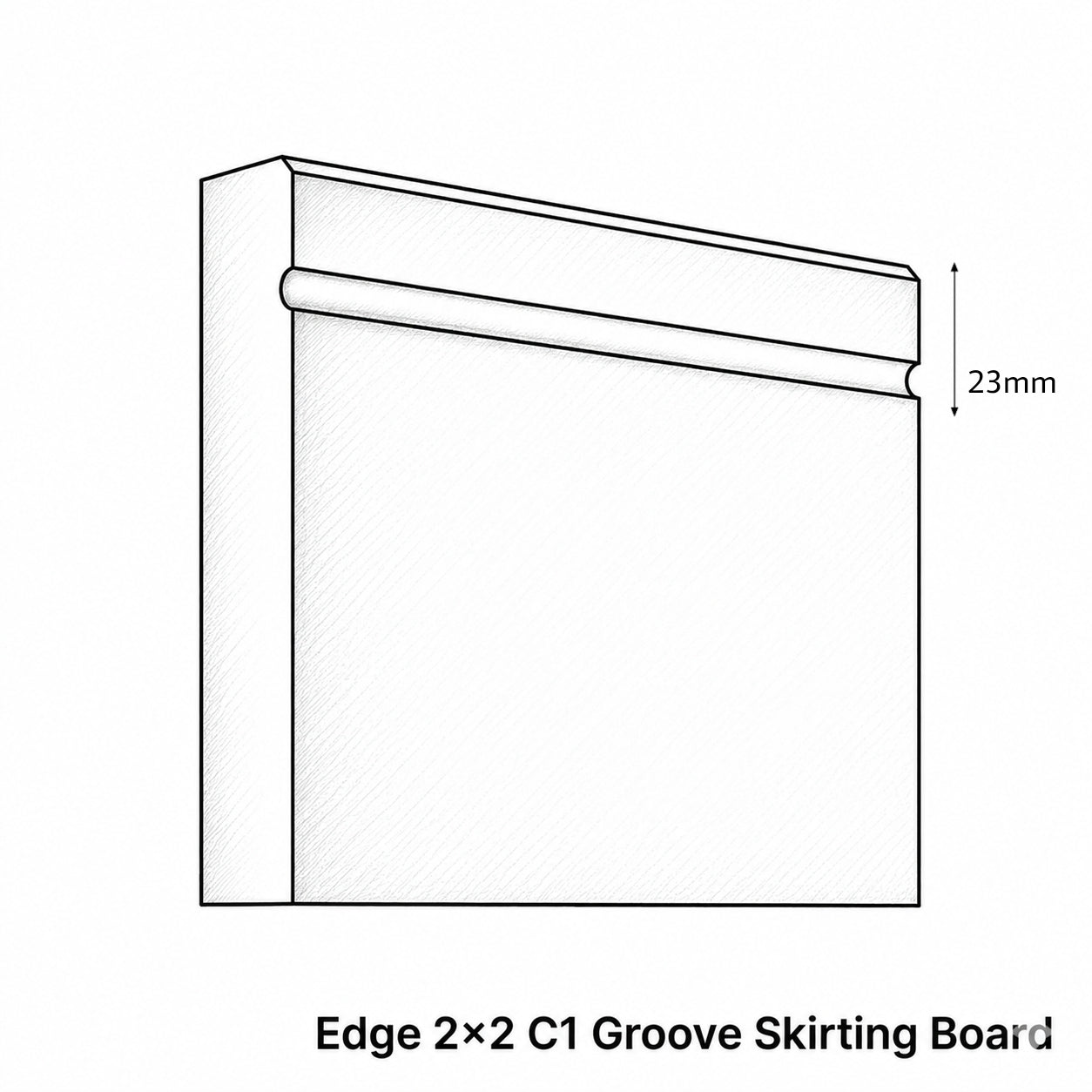 Technical drawing of an Edge 2x2 C1 Groove Skirting Board with dimensions.