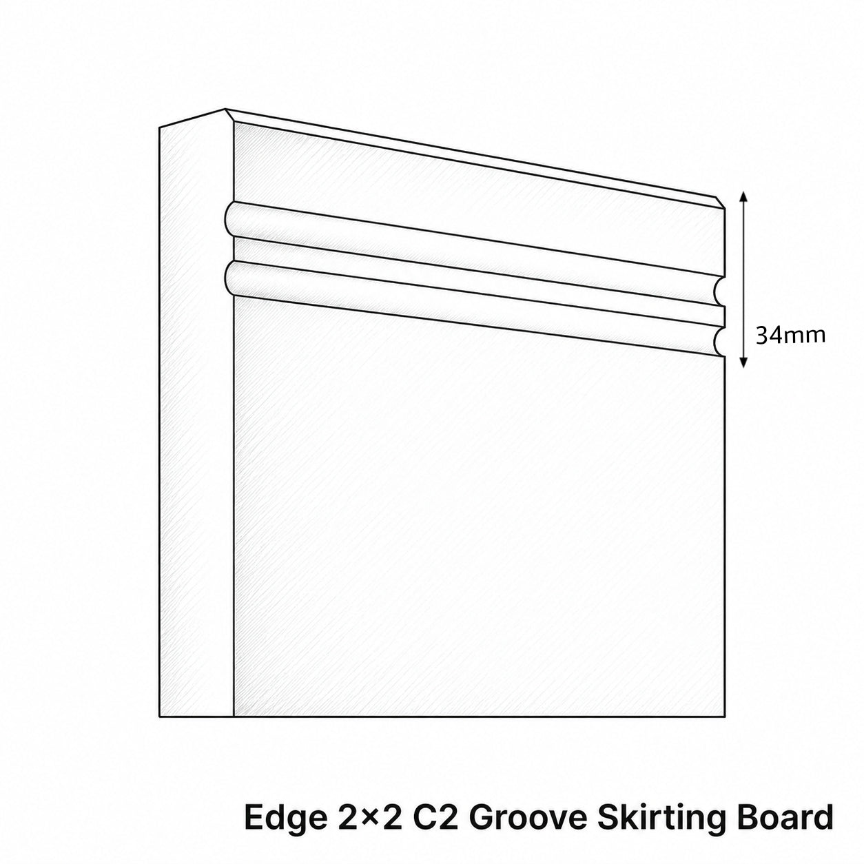 Technical drawing of an Edge 2x2 C2 Groove Skirting Board with dimensions.