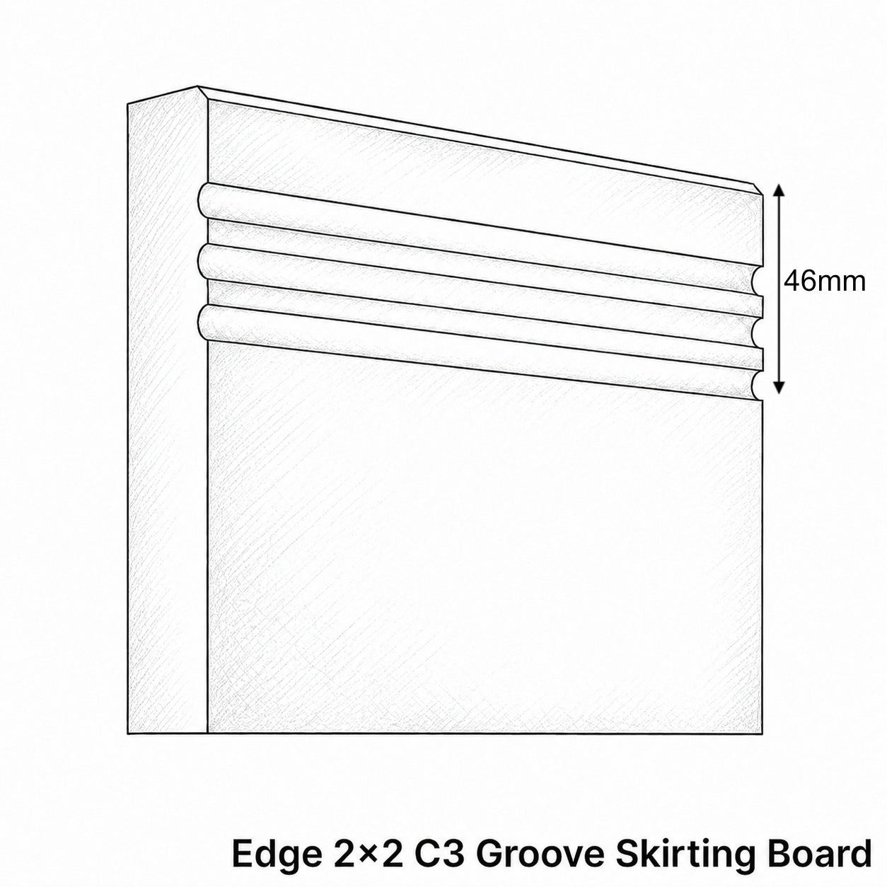 Technical drawing of an Edge 2x2 C3 Groove Skirting Board with dimensions.