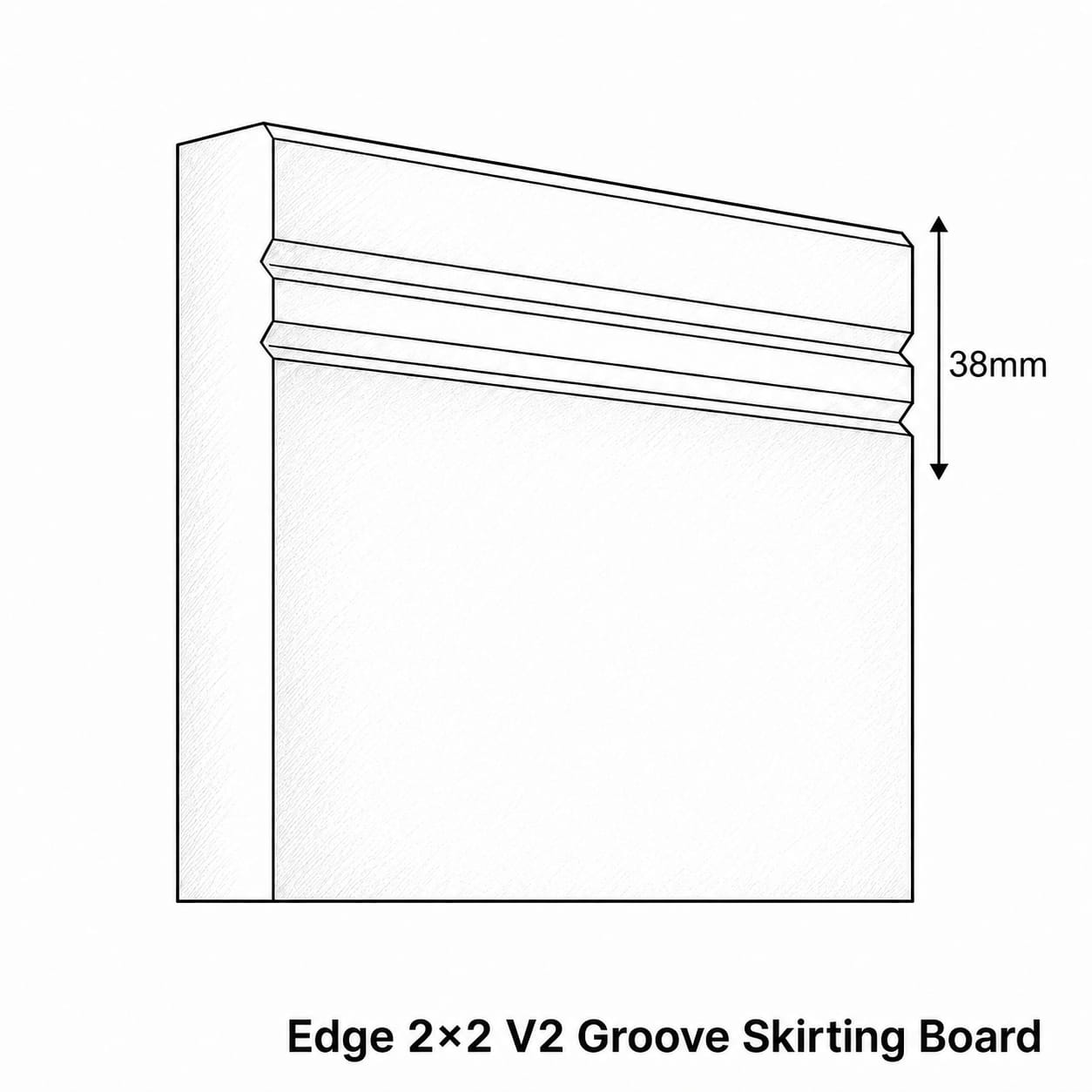 Line drawing of an Edge 2x2 V2 Groove Skirting Board with dimensions.