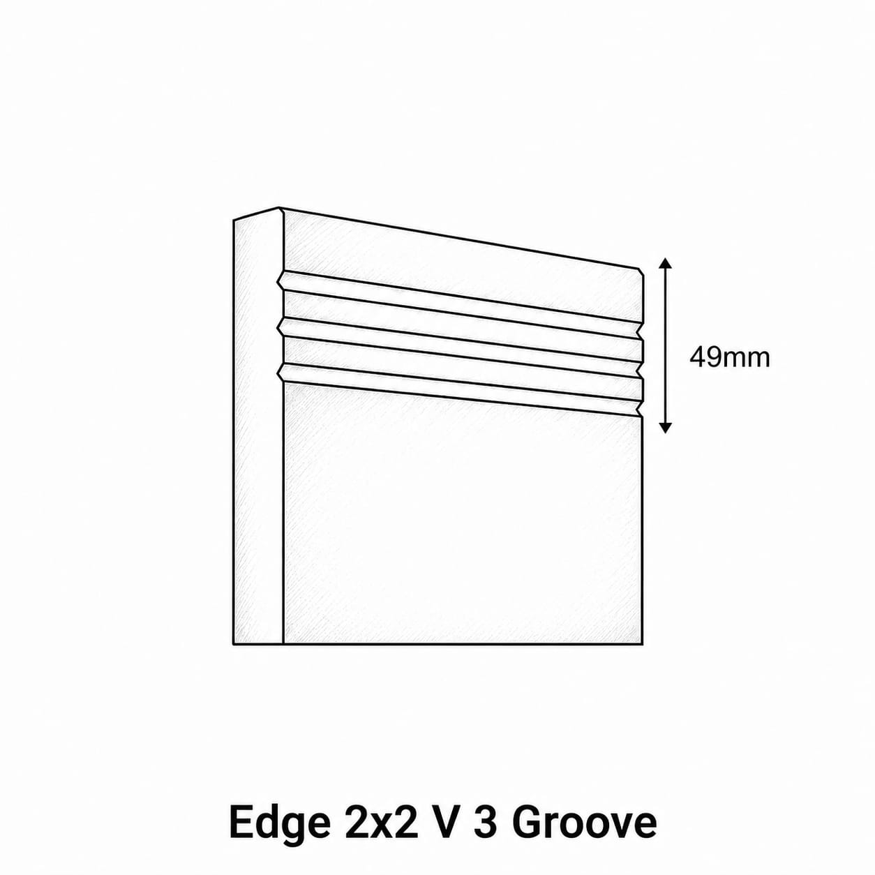 Technical drawing of a 2x2 V3 groove edge with dimensions on a white background