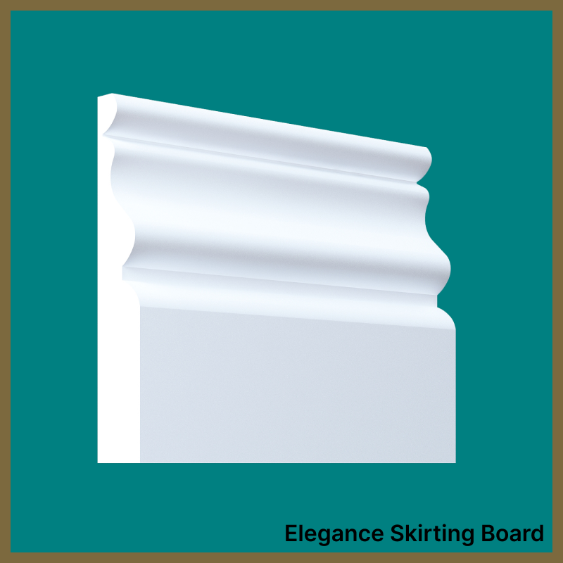White skirting board on a teal background with 'Elegance Skirting Board' text.