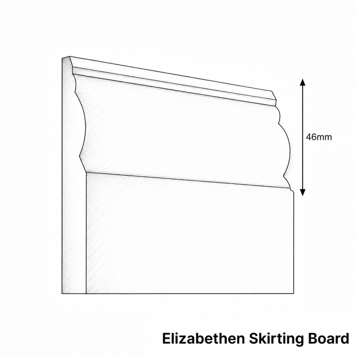 Technical drawing of an Elizabethan skirting board with dimensions on a white background