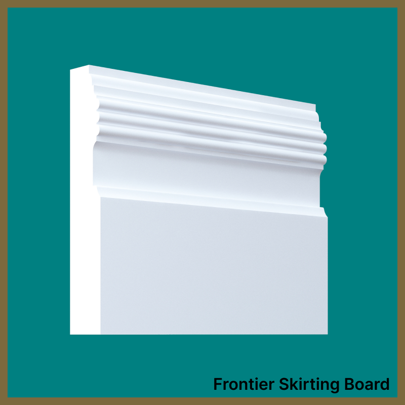 White skirting board on a teal background with 'Frontier Skirting Board' text.