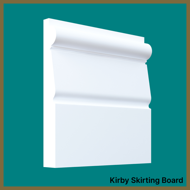White skirting board on a teal background with 'Kirby Skirting Board' text.