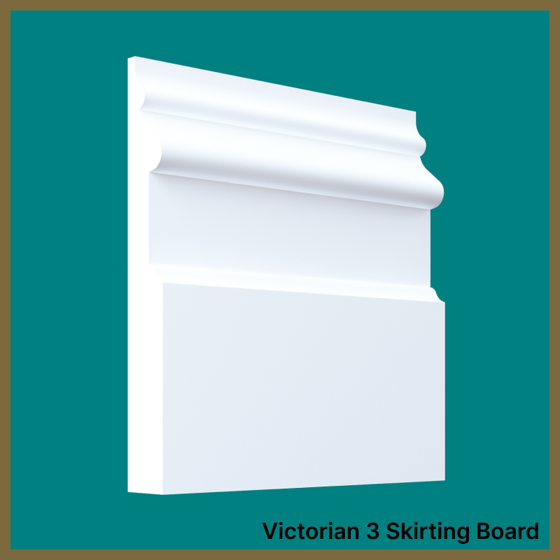 White skirting board on a teal background with 'Victorian 3 Skirting Board' text.