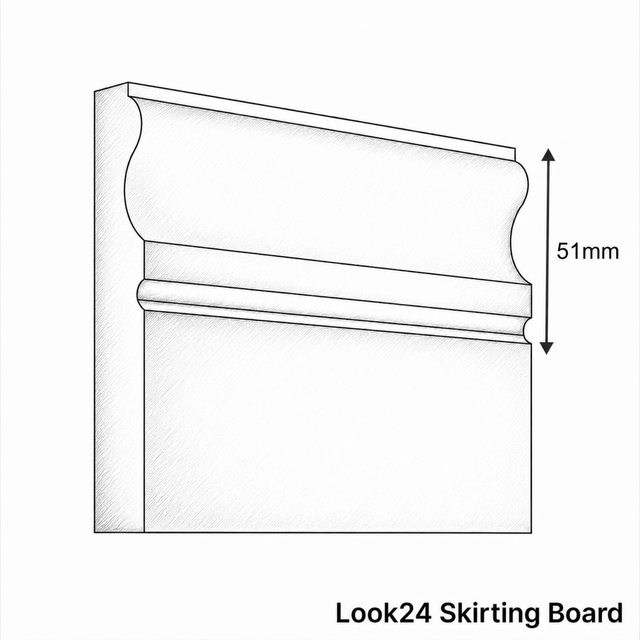 A black and white line drawing of a decorative skirting board profile with a dimension arrow indicating 51mm height. The text 'Look24 Skirting Board' appears at the bottom.