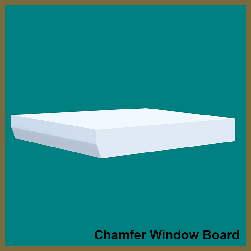 A white MDF bevelled edge window board against a teal background with the text 'Chamfer Window Board' at the bottom.